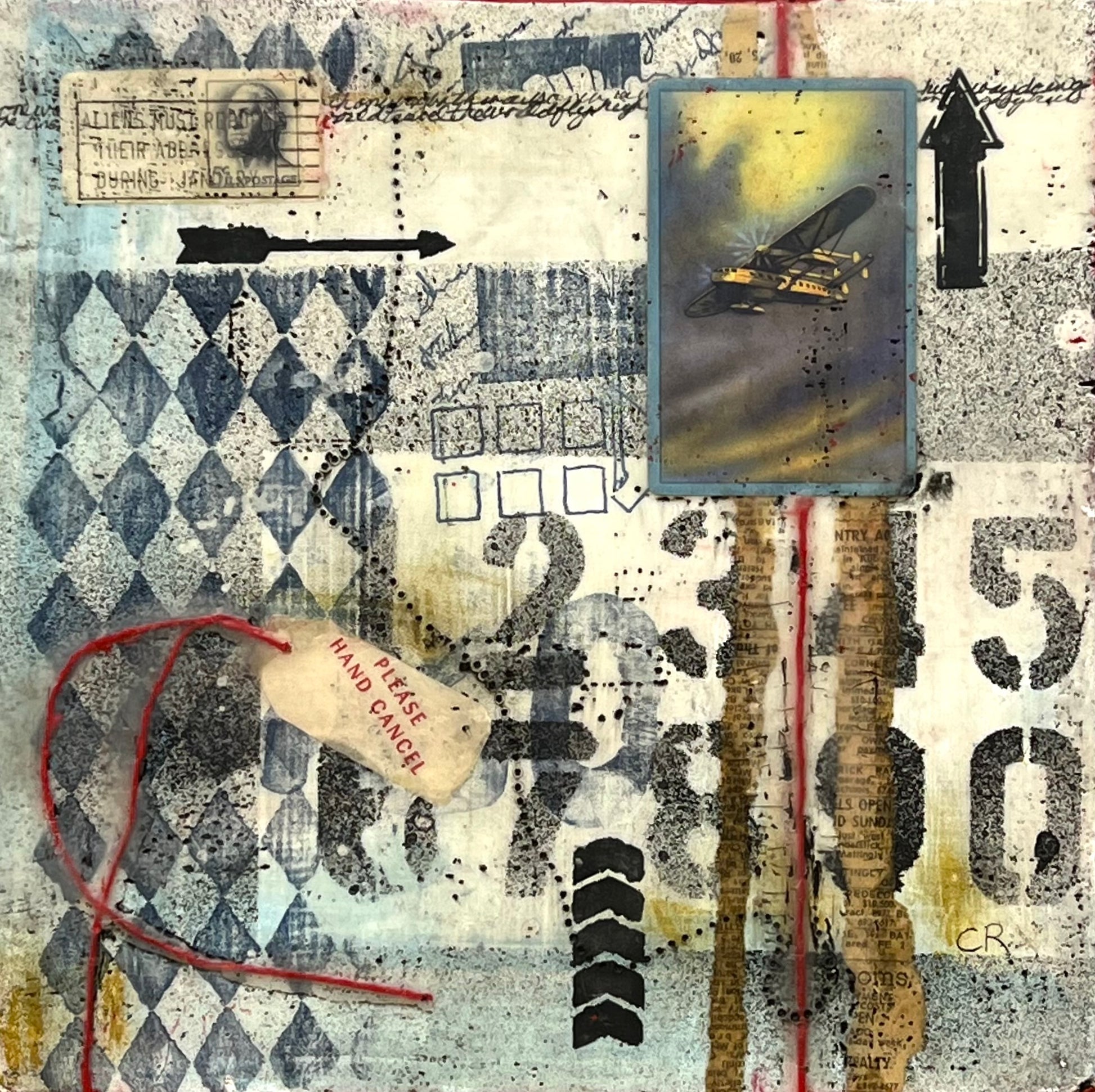 Going Places - Encaustic Art by Cindy Rashid. 9 x 9 in.  Features a vintage airplane, playing card, string and various paper elements.