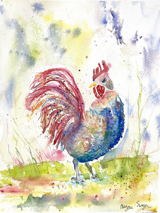 Rooster with Spring Greens and Lavenders - Watercolor