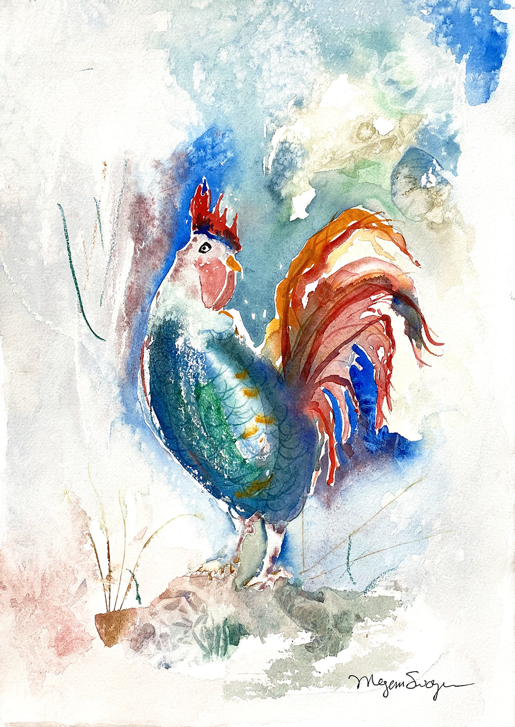 Rooster in Blue - Watercolor