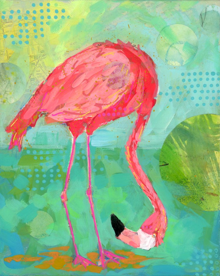 Flamingo Down- acrylic mixed media