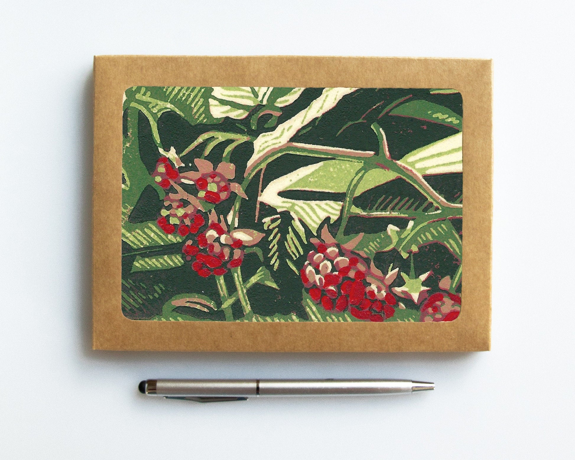 A casually elegant card set featuring floral art by Natalia Wohletz of Peninsula Prints titled Wild Raspberries.
