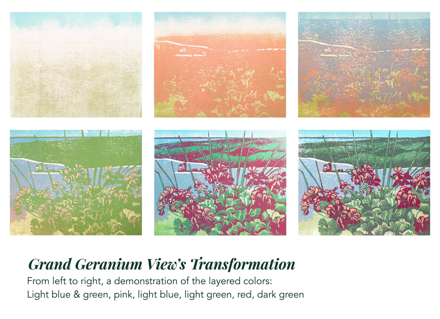 The transformation of the block print Grand Geranium View by printmaker Natalia Wohletz of Peninsula Prints, Mackinac Island. 