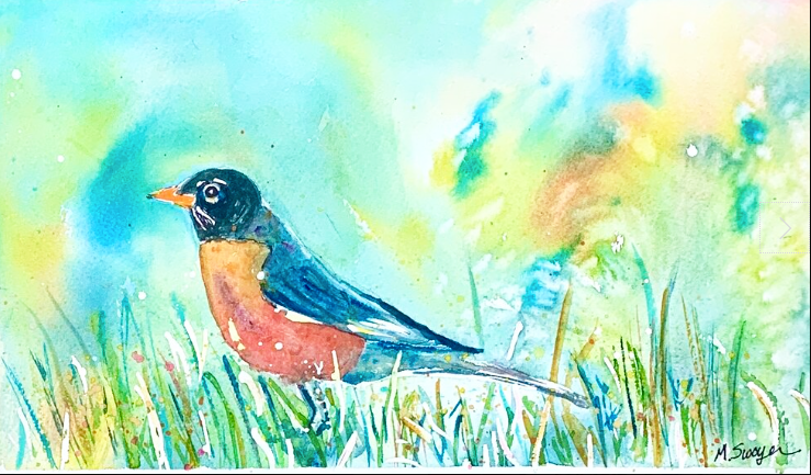 Spring Song Robin by Megan Swoyer.  11 x 7. Watercolor on cold press fine art paper.
